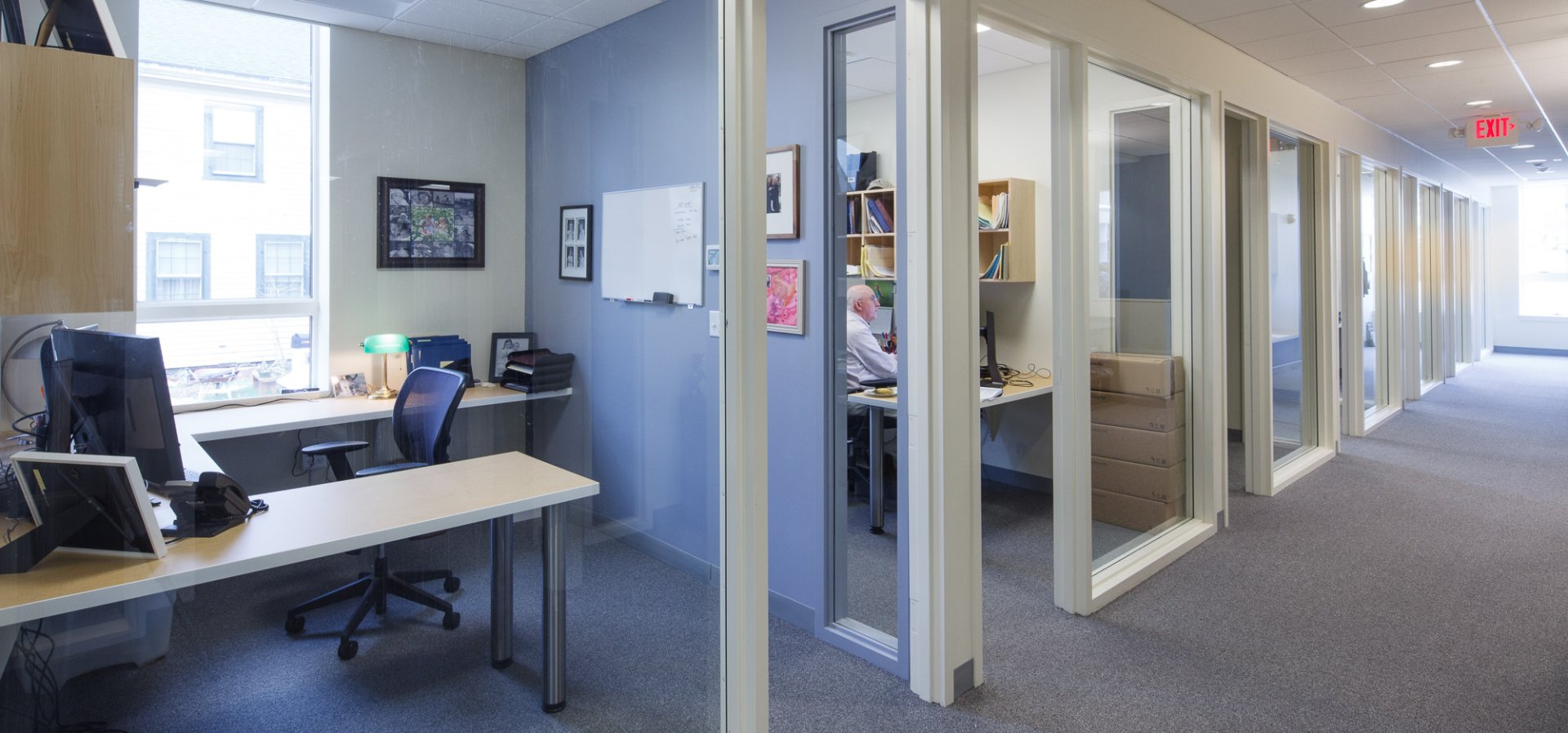 hallways with glass offices