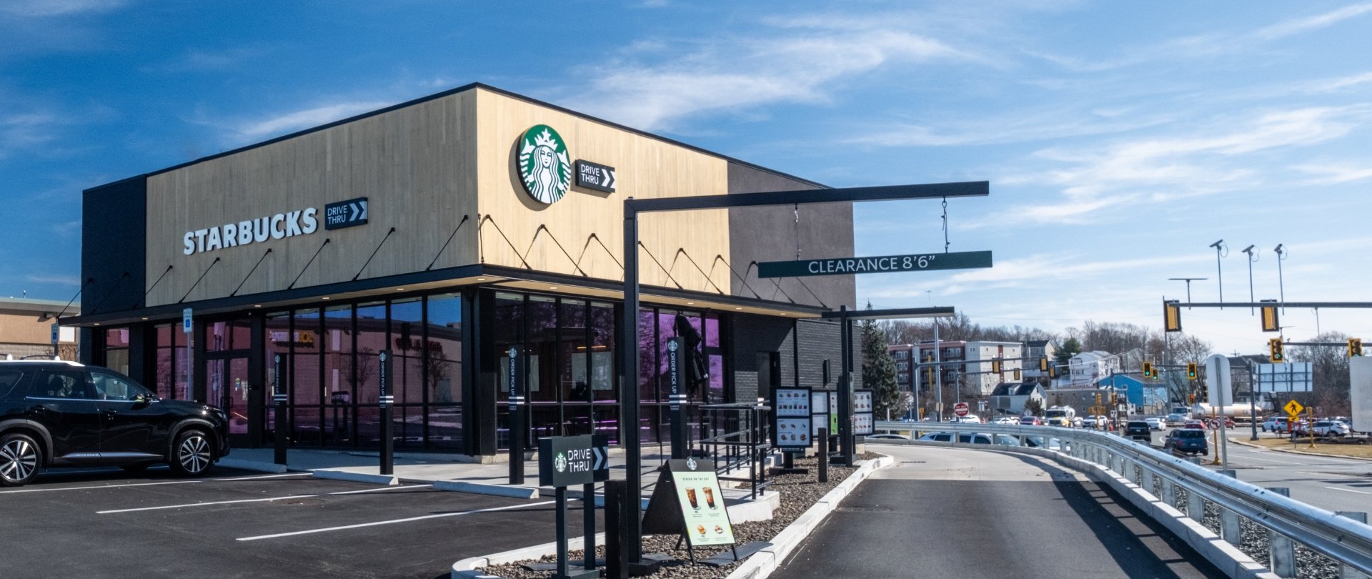 Starbucks building exterior and drive thru